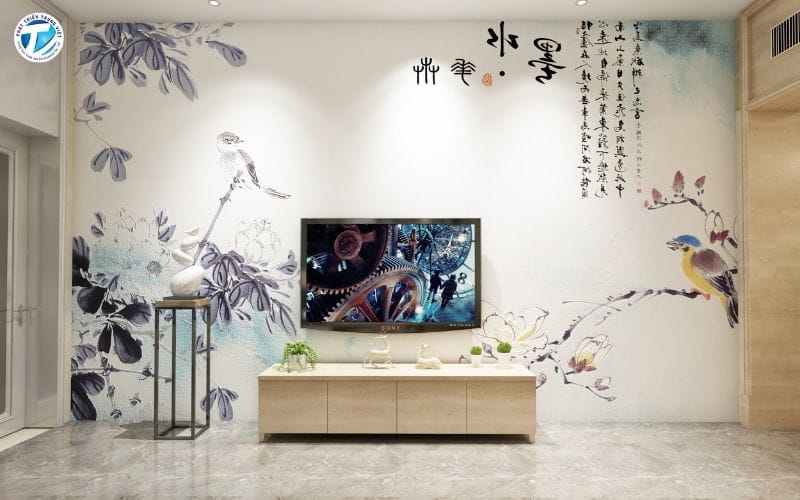 Thi công tranh dán tường cho phòng khách nhanh chóng, sạch sẽ và an toàn